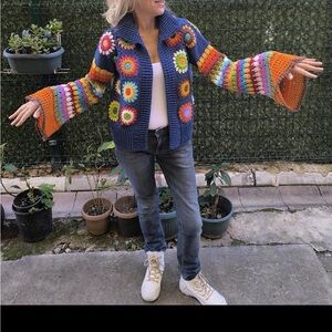 Colorful Vintage Style Granny Square Crochet Women’s Cardigan